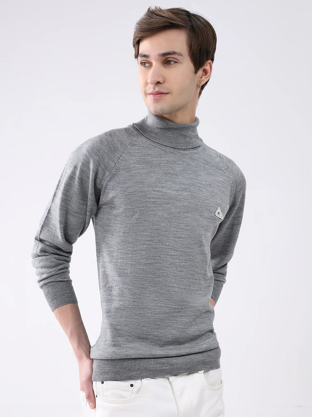 Men Grey Solid Turtle Neck Full Sleeve Pullover - Image 4