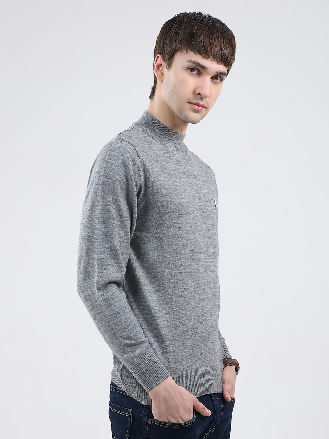 Men Grey Solid Turtle Neck Full Sleeve Pullover - Image 4