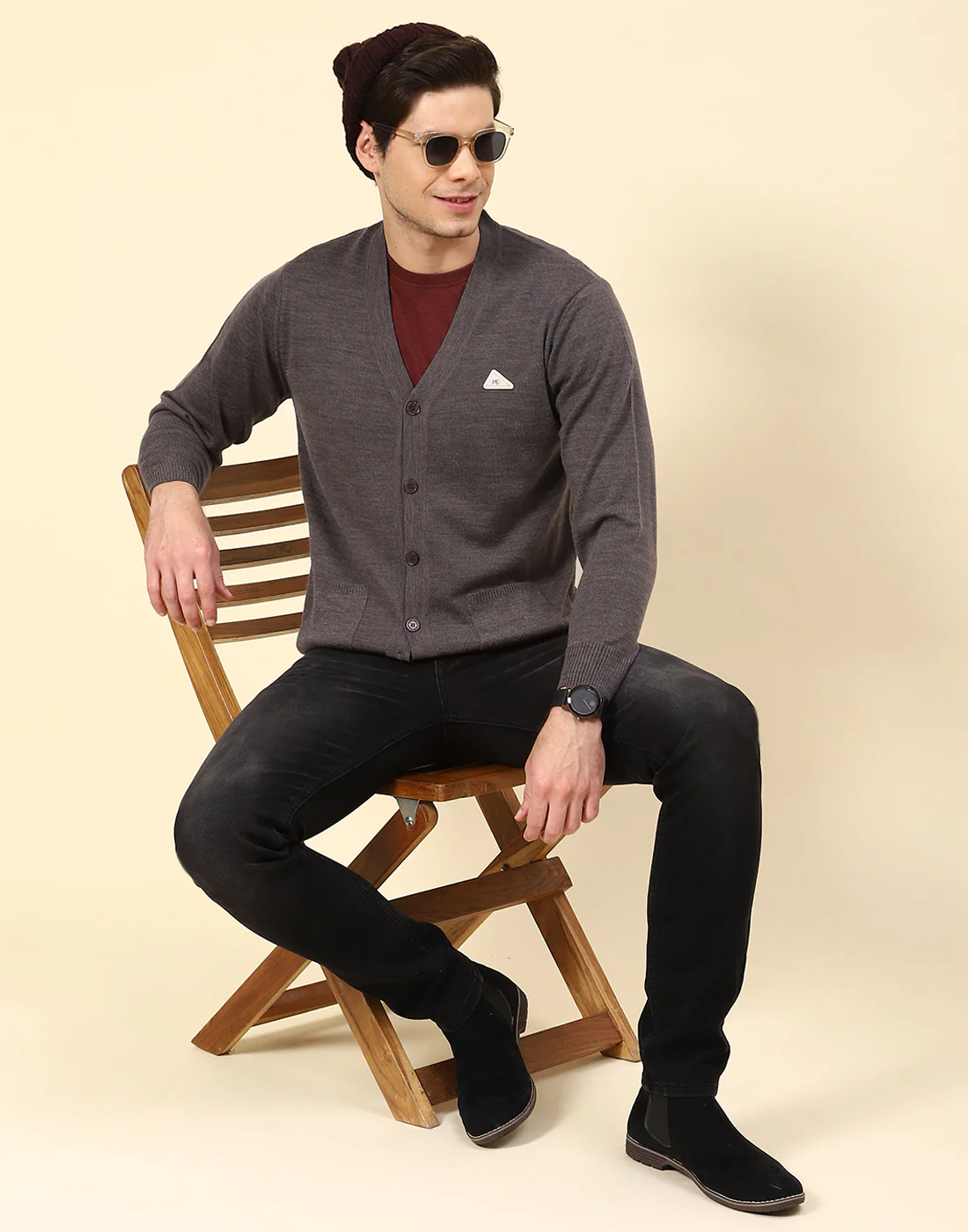 Men Grey Solid V Neck Full Sleeve Cardigan - Image 2