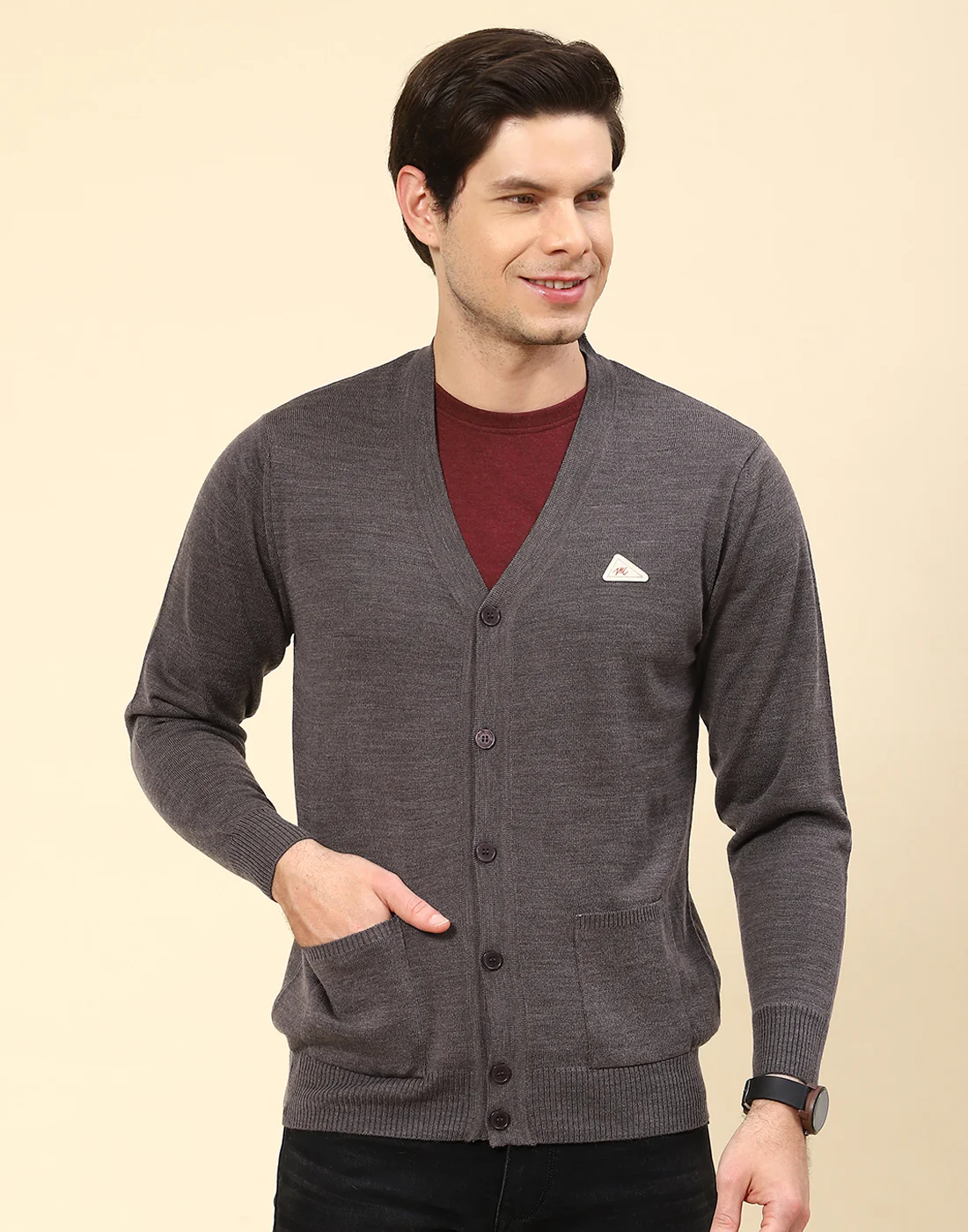 Men Grey Solid V Neck Full Sleeve Cardigan - Image 3