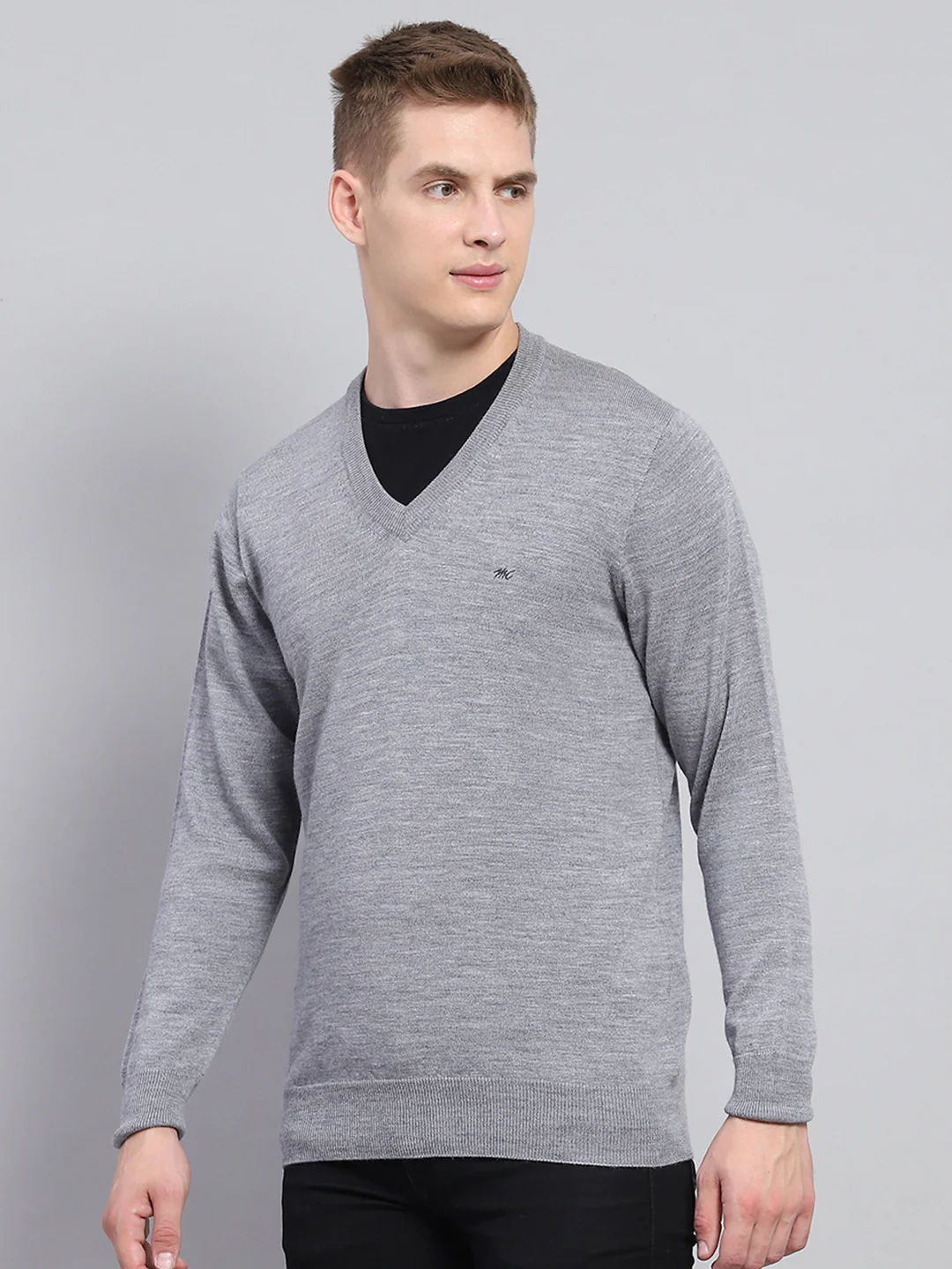 Men Grey Solid V Neck Full Sleeve Pullover - Image 3