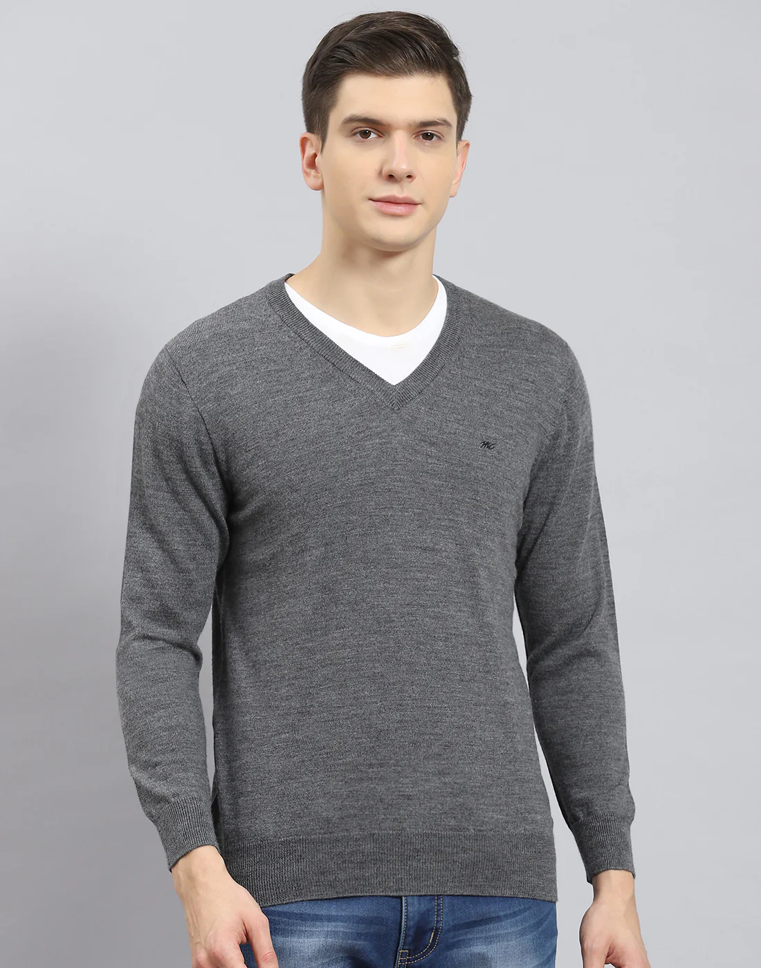 Men Grey Solid V Neck Full Sleeve Pullover - Image 3