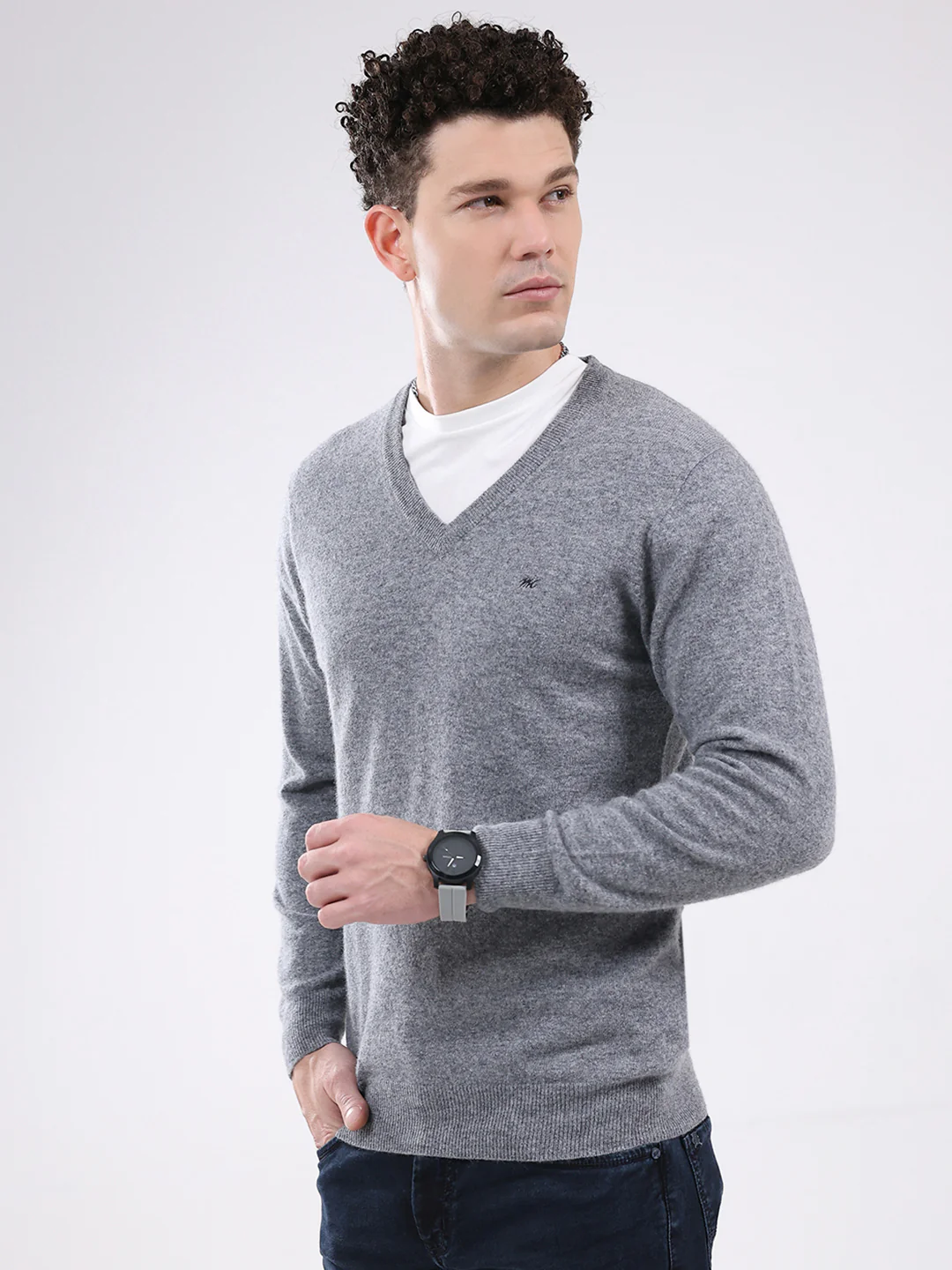 Men Grey Solid V Neck Full Sleeve Pullover - Image 3