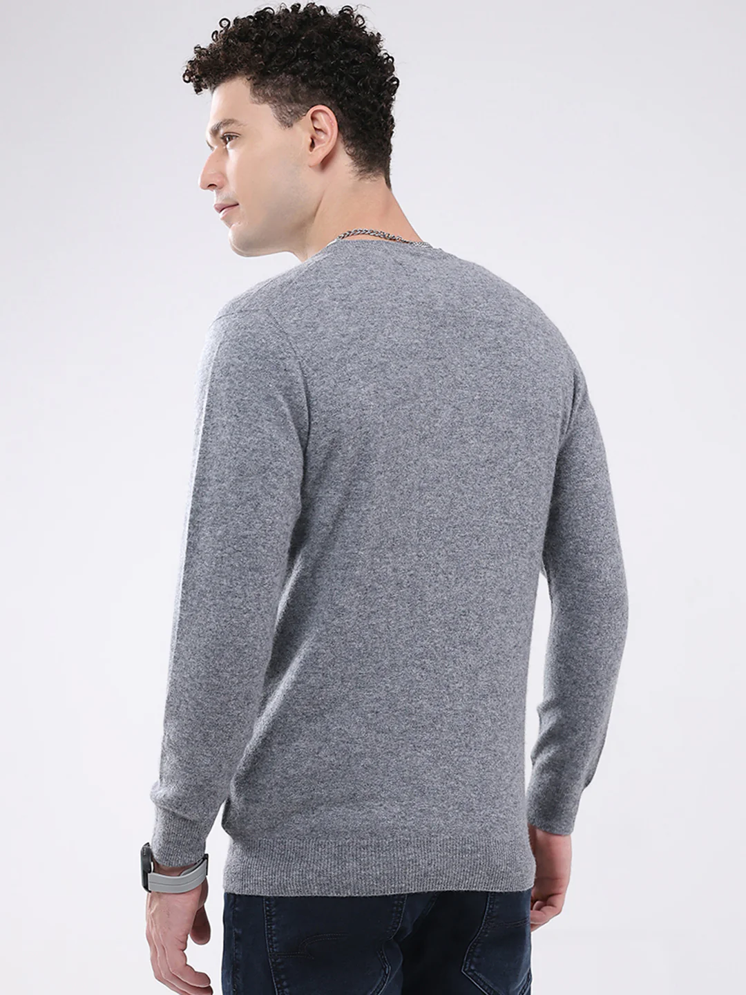 Men Grey Solid V Neck Full Sleeve Pullover - Image 5