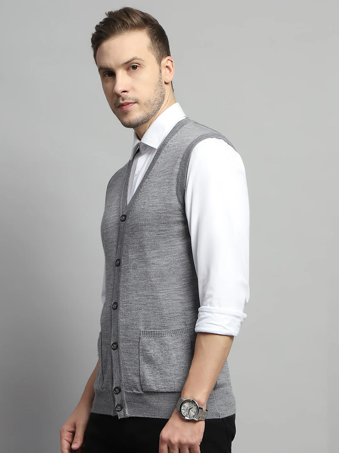 Luxuria Men Grey Solid V Neck Sleeveless Cardigan - Image 3
