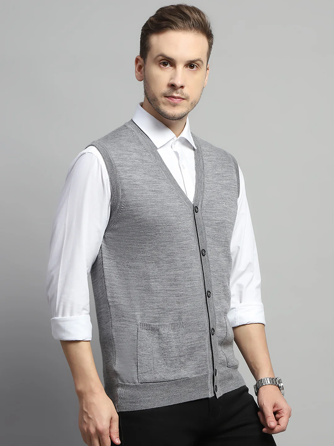 Luxuria Men Grey Solid V Neck Sleeveless Cardigan - Image 4