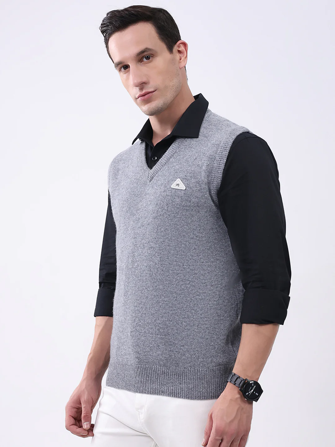 Men Grey Solid V Neck Sleeveless Sweater - Image 3