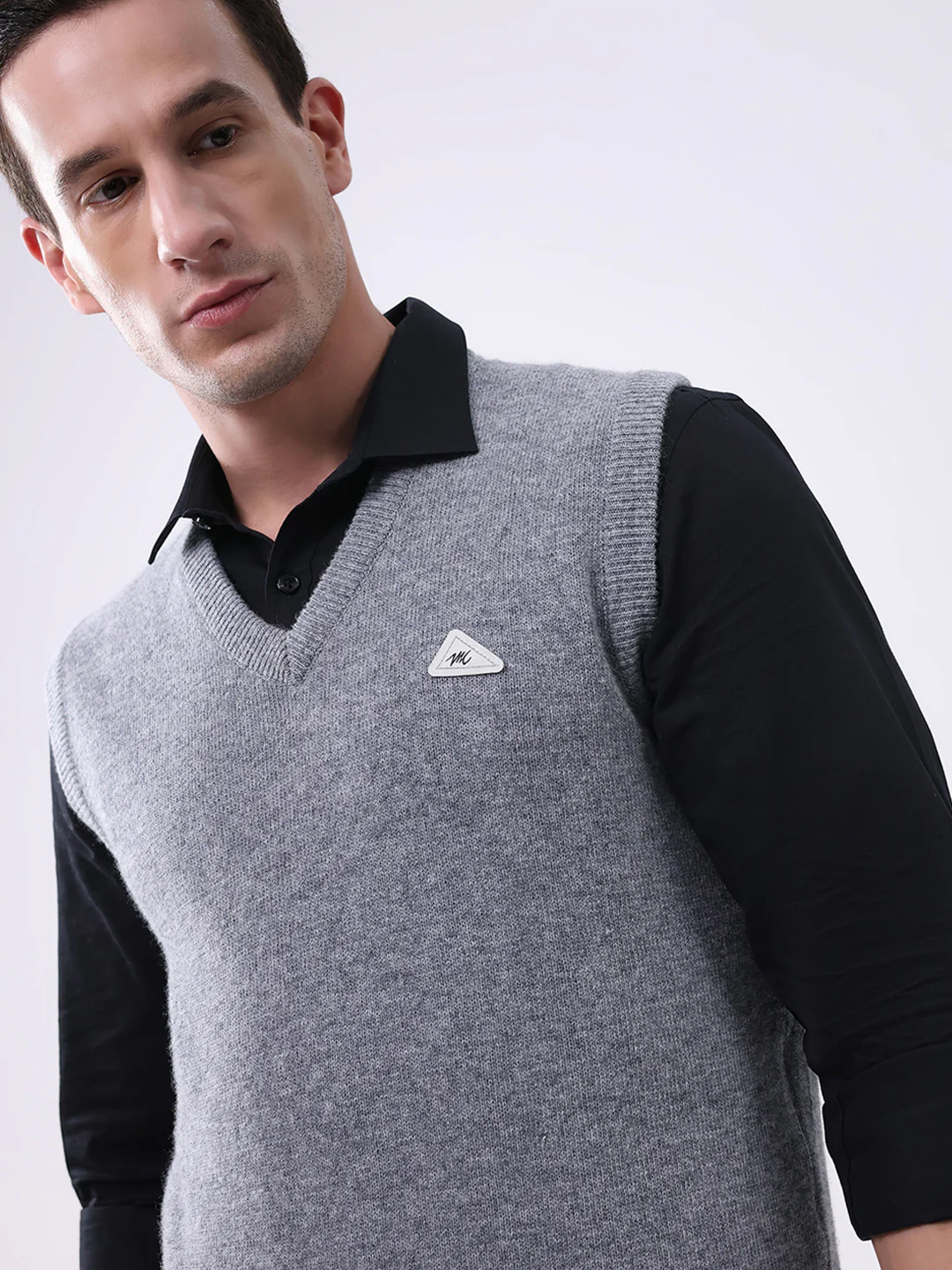 Men Grey Solid V Neck Sleeveless Sweater - Image 6