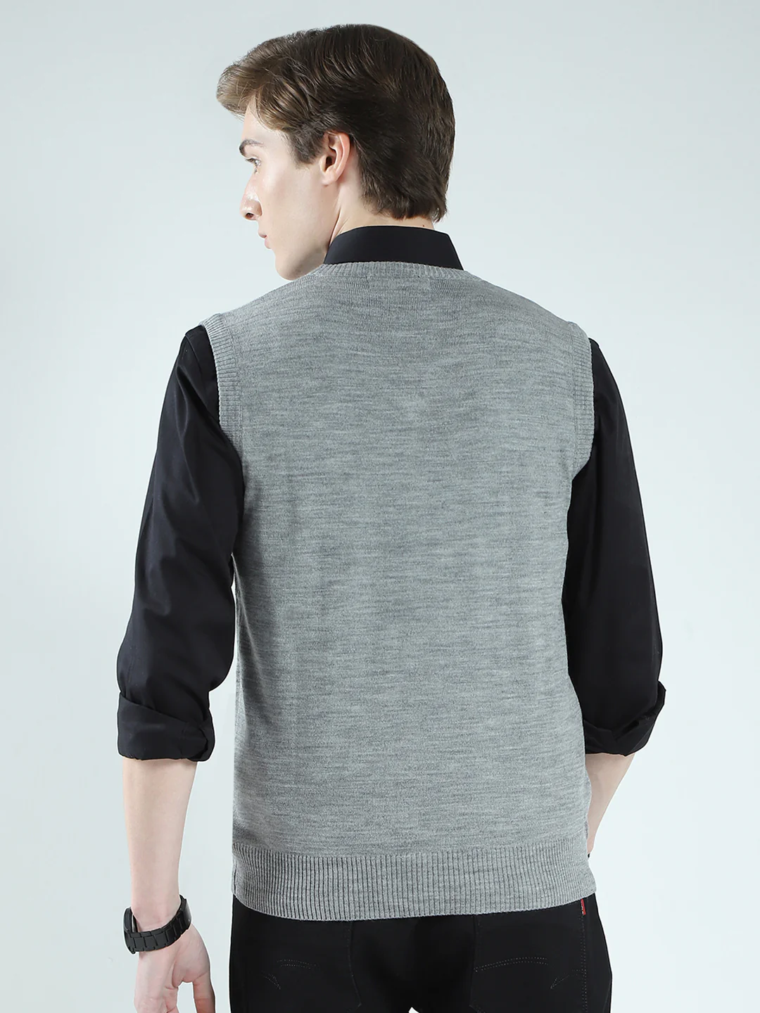 Men Grey Solid V Neck Sleeveless Sweater - Image 5