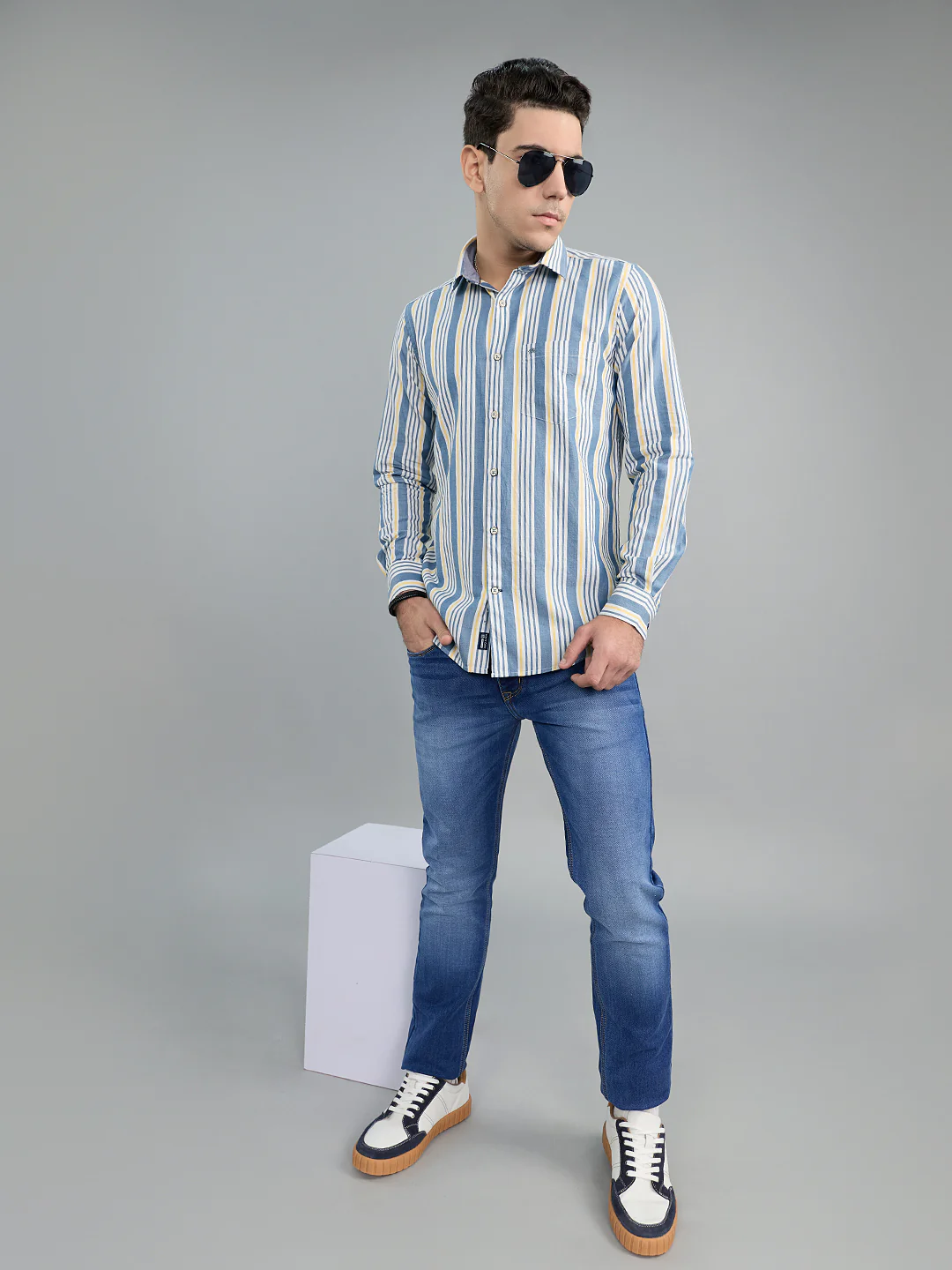 Men Grey Stripe Collar Full Sleeve Shirt - Image 6