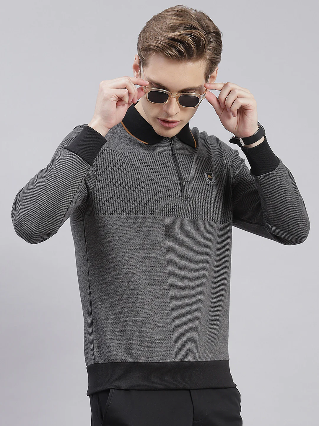 Men Grey Stripe Collar Full Sleeve Sweatshirts - Image 4