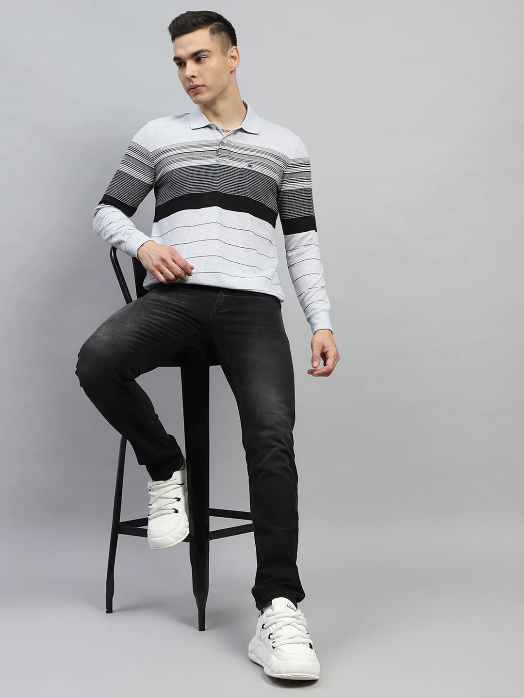 Men Grey Stripe Collar Full Sleeve Winter T-Shirt - Image 2