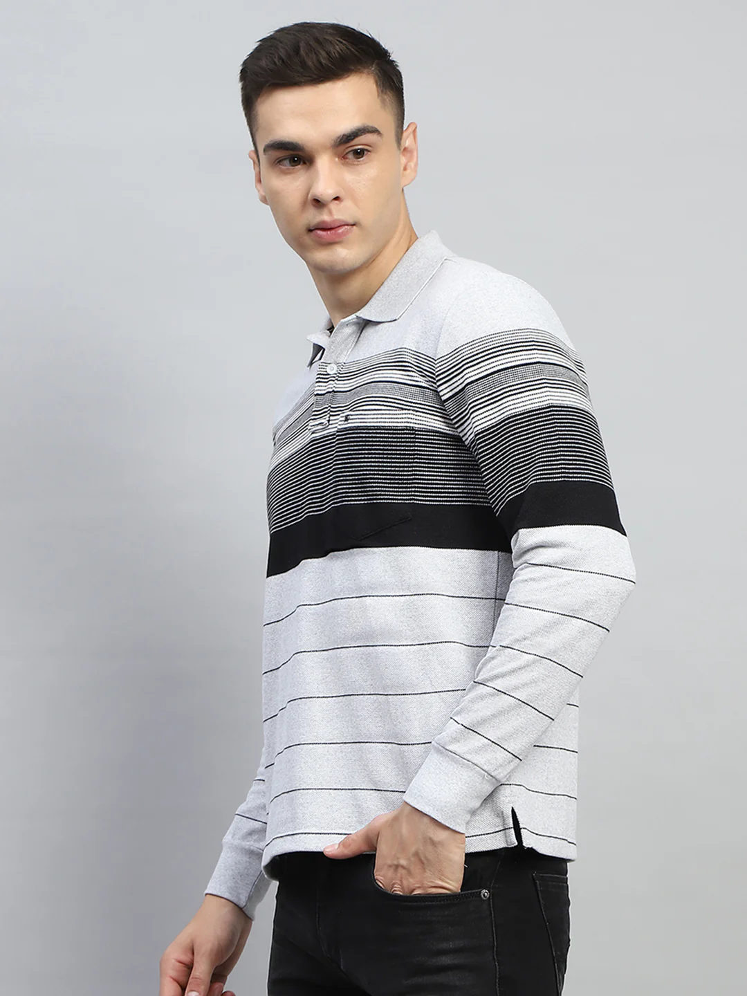 Men Grey Stripe Collar Full Sleeve Winter T-Shirt - Image 3