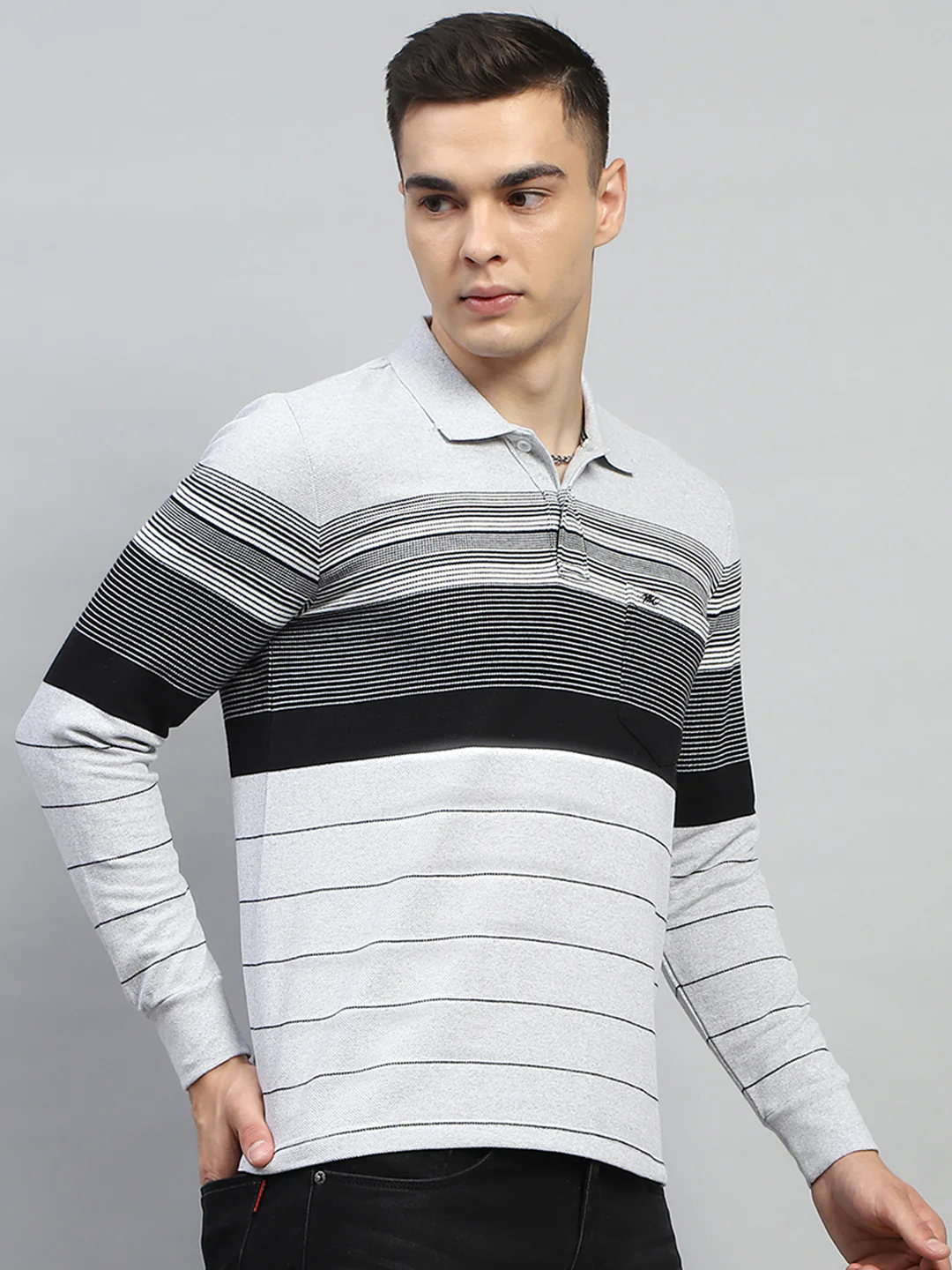 Men Grey Stripe Collar Full Sleeve Winter T-Shirt - Image 4