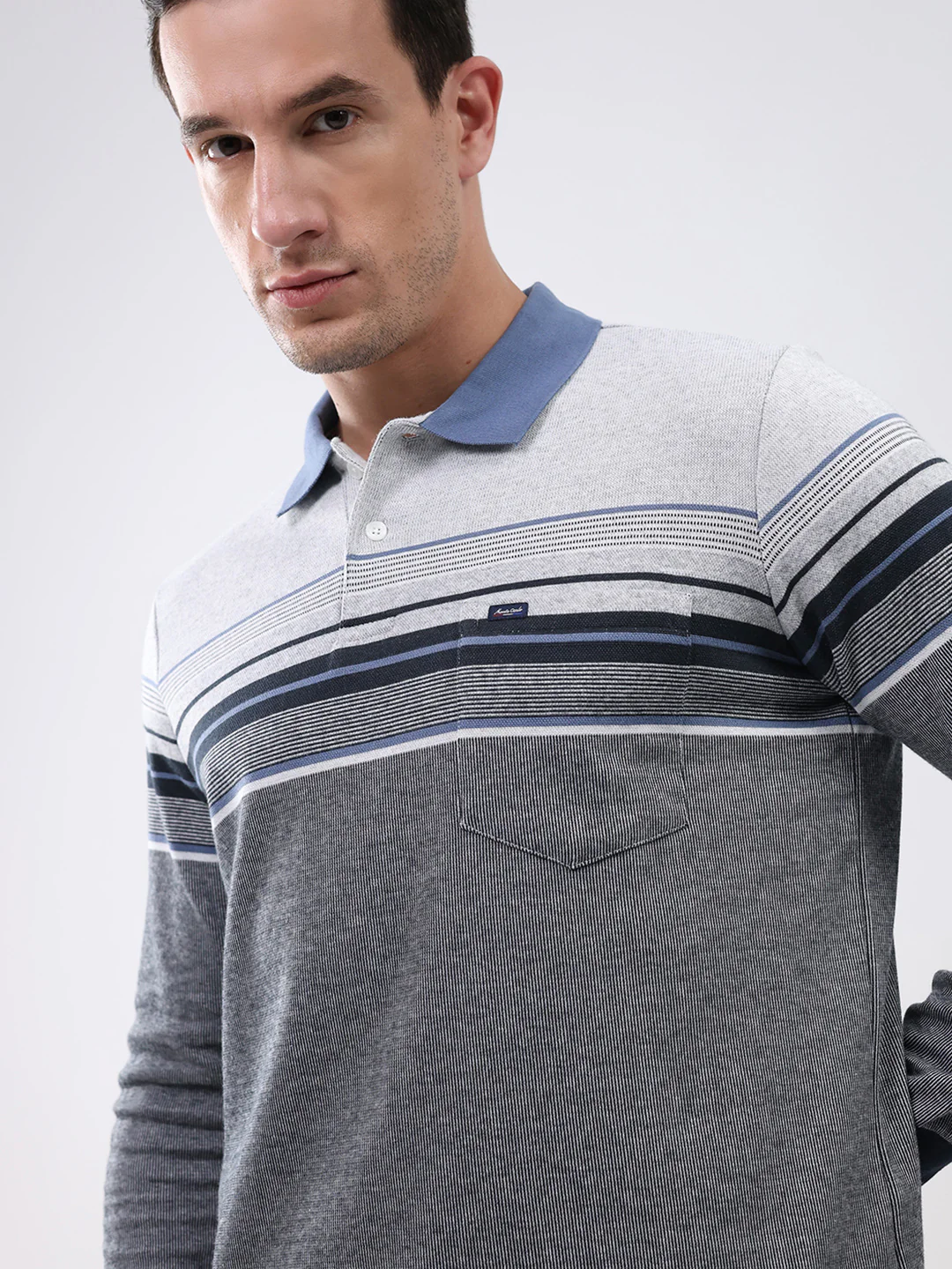 Men Grey Stripe Collar Full Sleeve Winter T-Shirt - Image 6