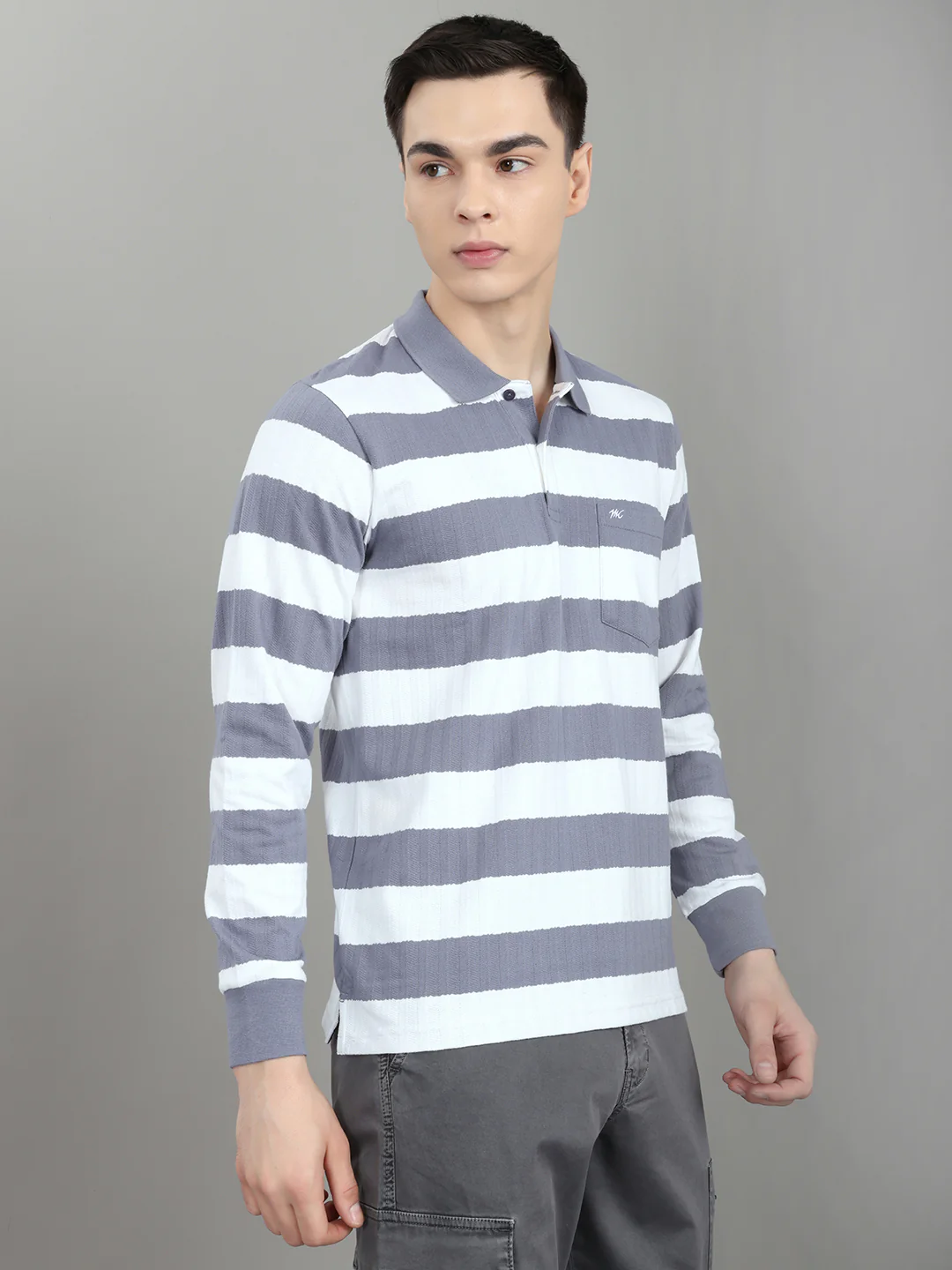Men Grey Stripe Collar Full Sleeve Winter T-Shirt - Image 3