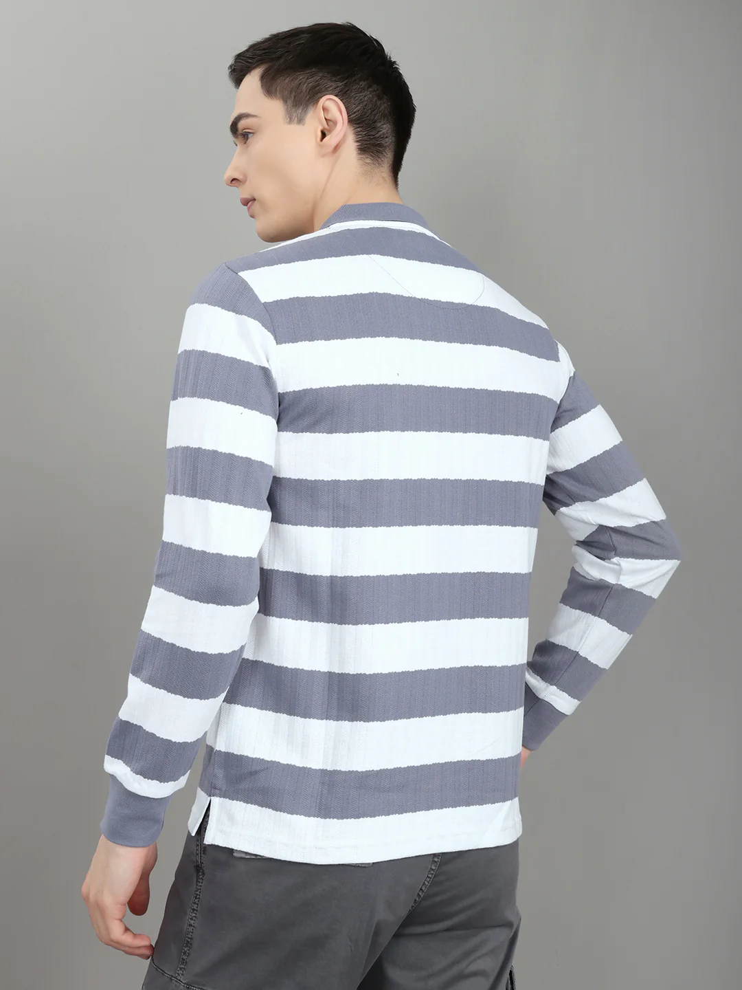 Men Grey Stripe Collar Full Sleeve Winter T-Shirt - Image 4