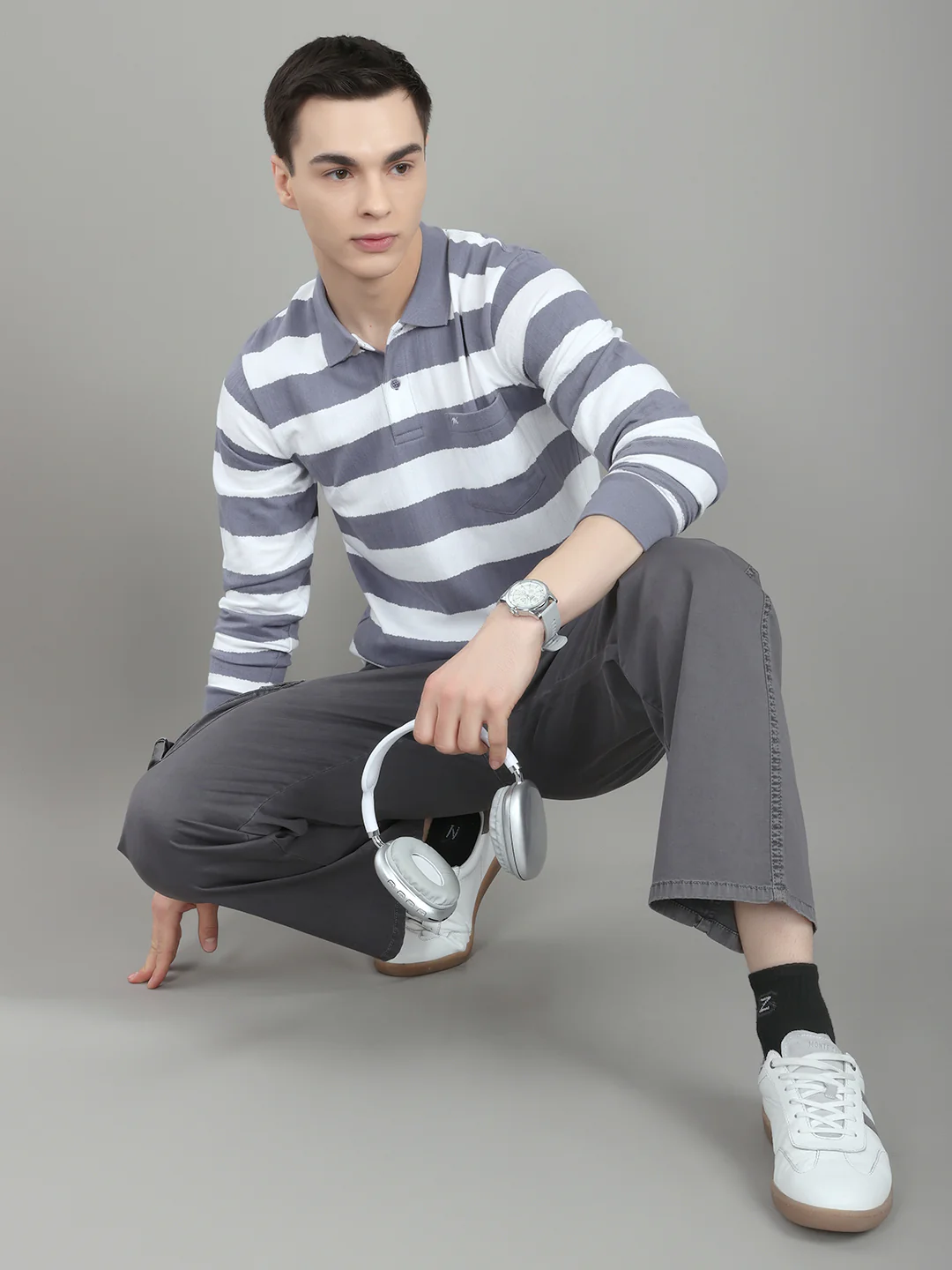 Men Grey Stripe Collar Full Sleeve Winter T-Shirt - Image 6