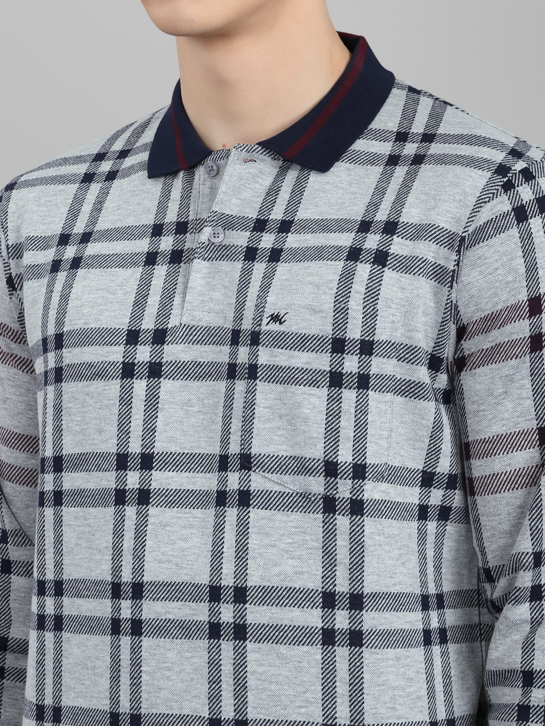 Men Grey Stripe Collar Full Sleeve Winter T-Shirt - Image 4