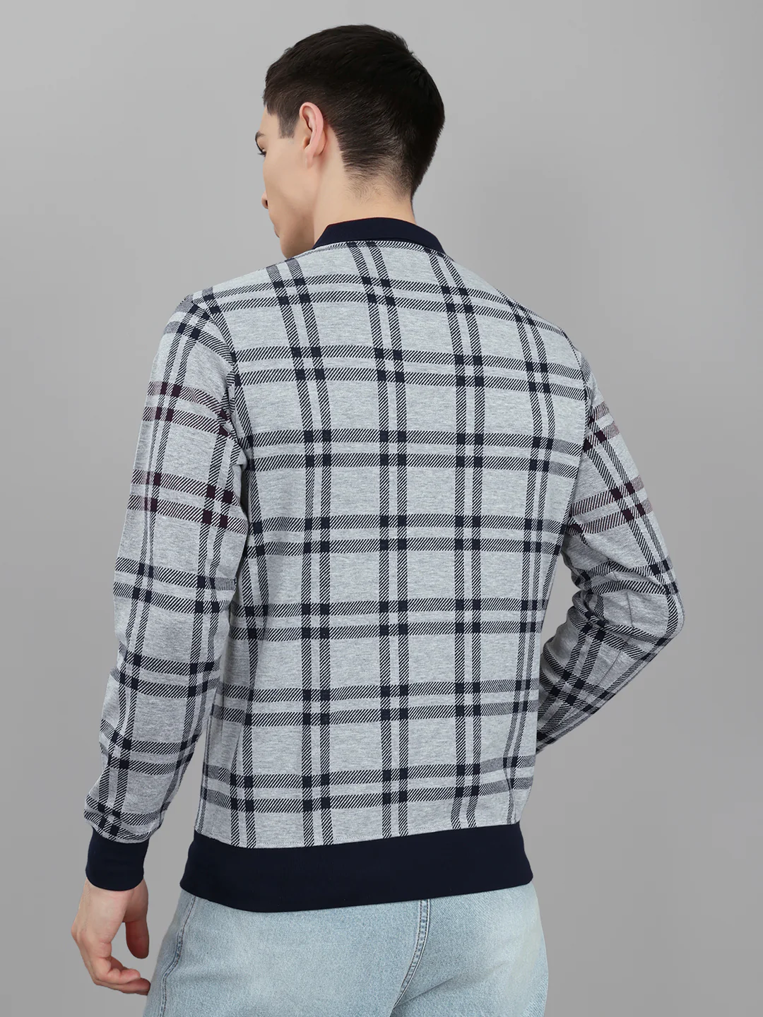 Men Grey Stripe Collar Full Sleeve Winter T-Shirt - Image 5