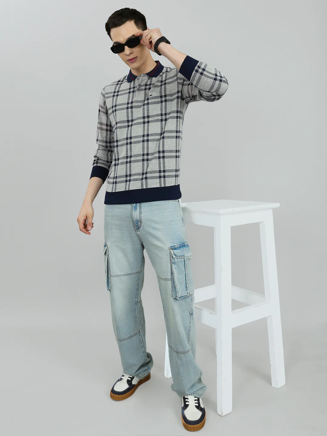 Men Grey Stripe Collar Full Sleeve Winter T-Shirt - Image 6