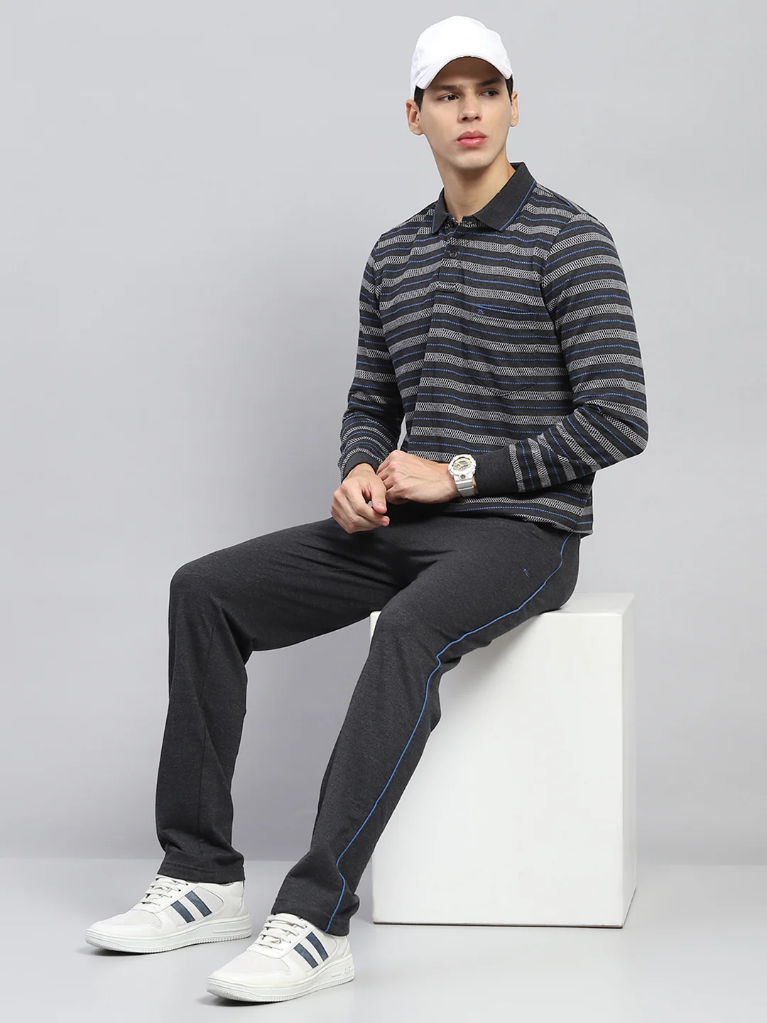 Men Grey Stripe Collar Full Sleeve Winter Tracksuit - Image 2