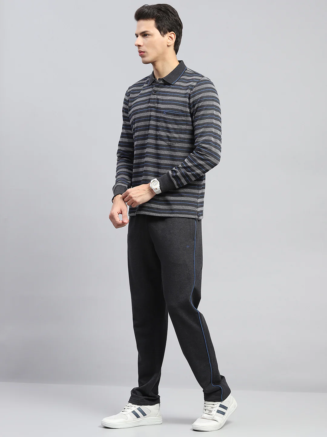 Men Grey Stripe Collar Full Sleeve Winter Tracksuit - Image 3