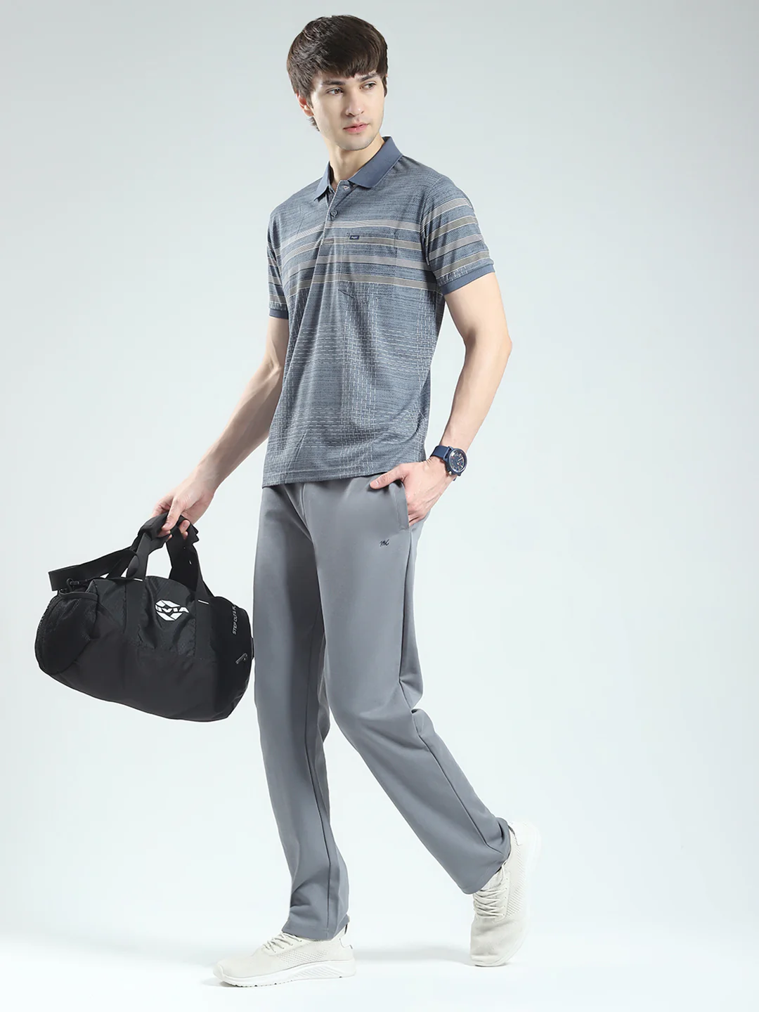 Men Grey Stripe Collar Half Sleeve Lower Set - Image 2
