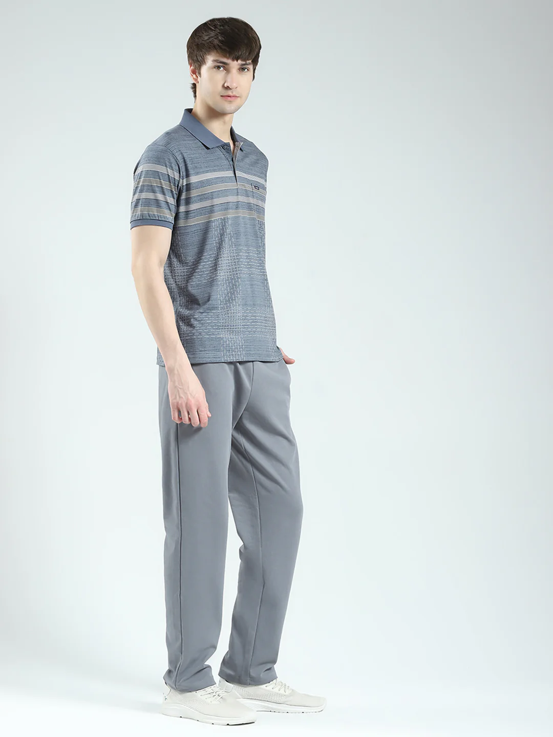 Men Grey Stripe Collar Half Sleeve Lower Set - Image 4