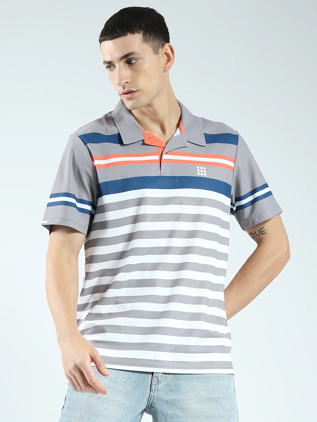 Rock.it Men Grey Stripe Collar Half Sleeve T-Shirt