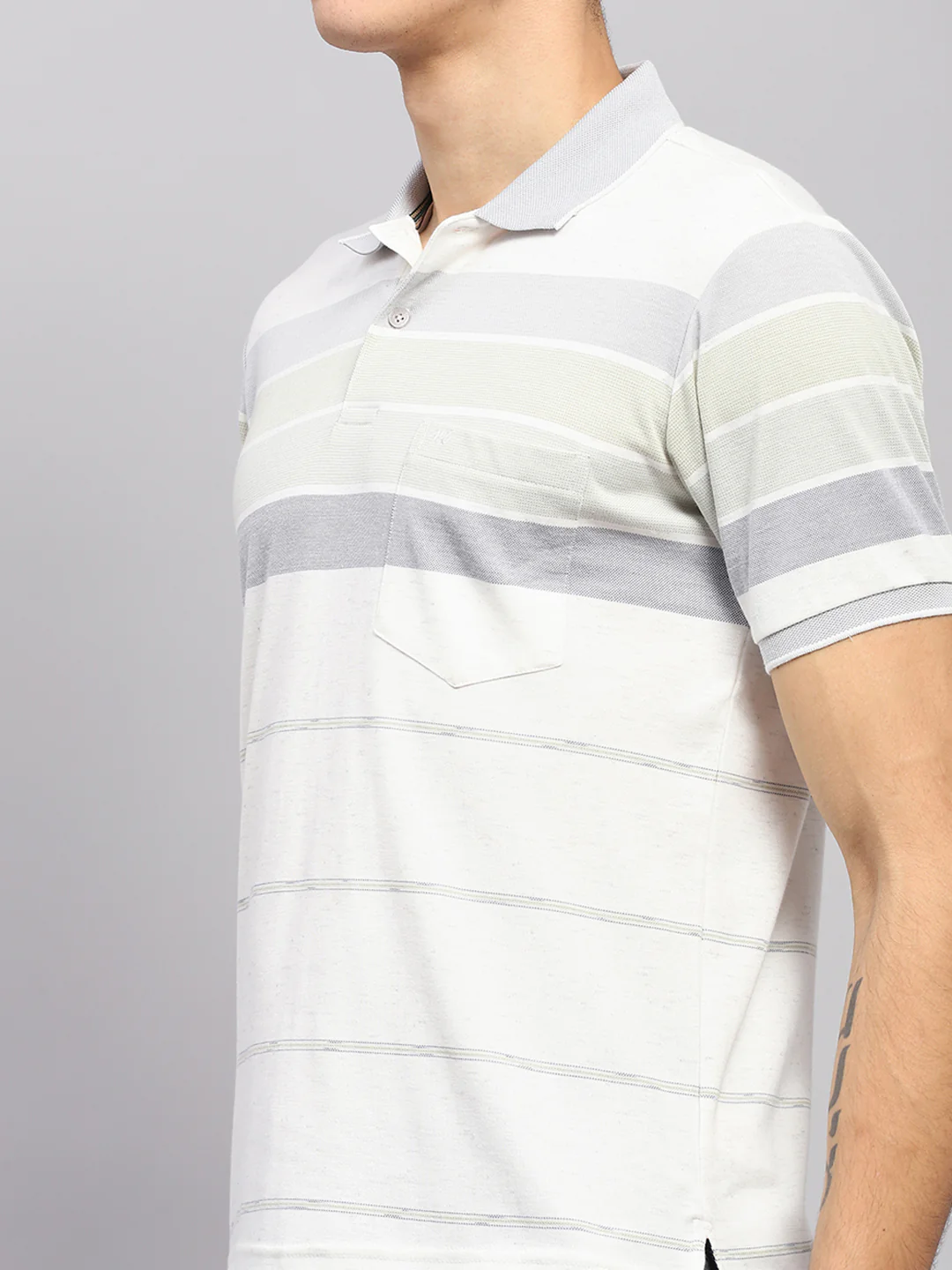 Men Grey Stripe Collar Half Sleeve T-Shirt - Image 6