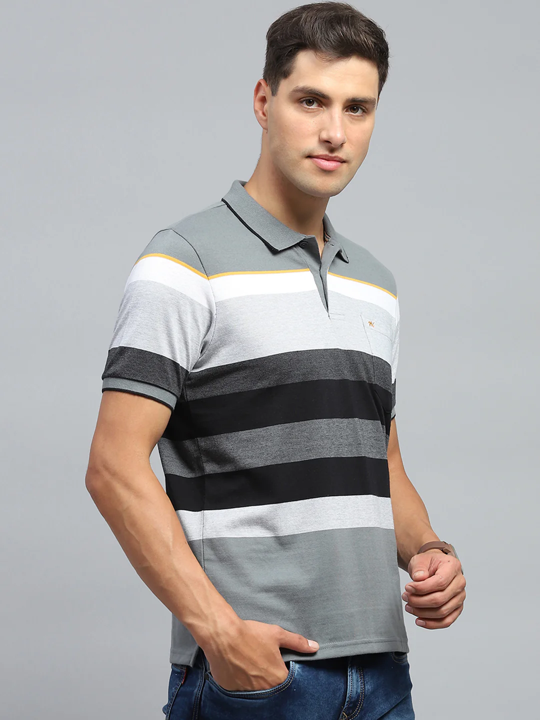 Men Grey Stripe Collar Half Sleeve T-Shirt - Image 4