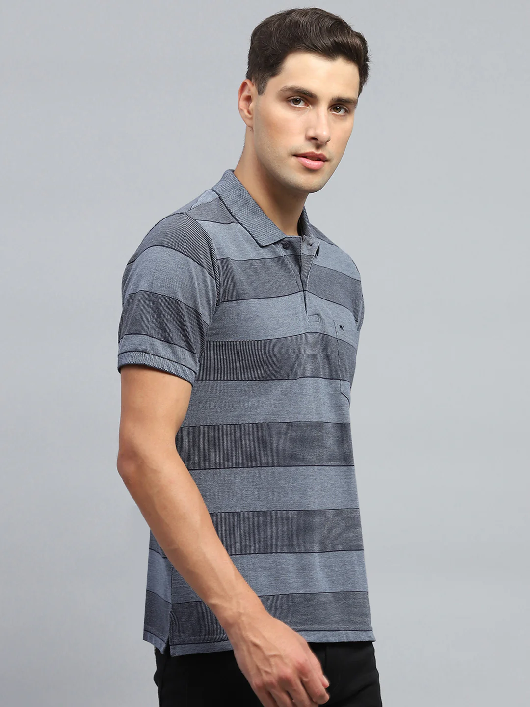 Men Grey Stripe Collar Half Sleeve T-Shirt - Image 4