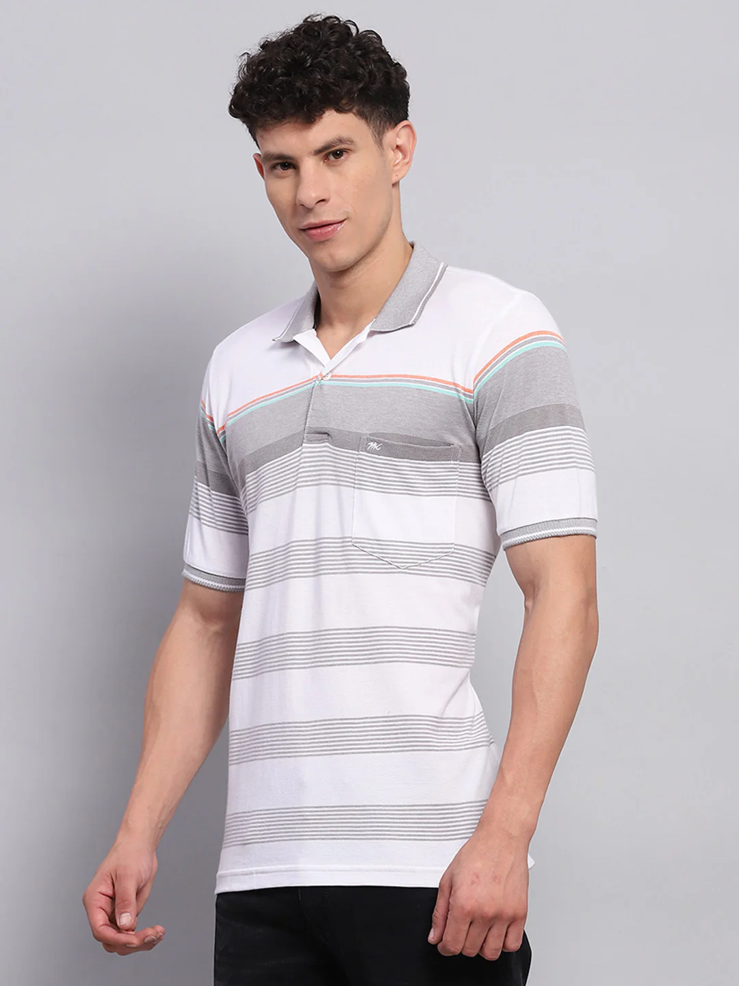Men Grey Stripe Collar Half Sleeve T-Shirt - Image 3