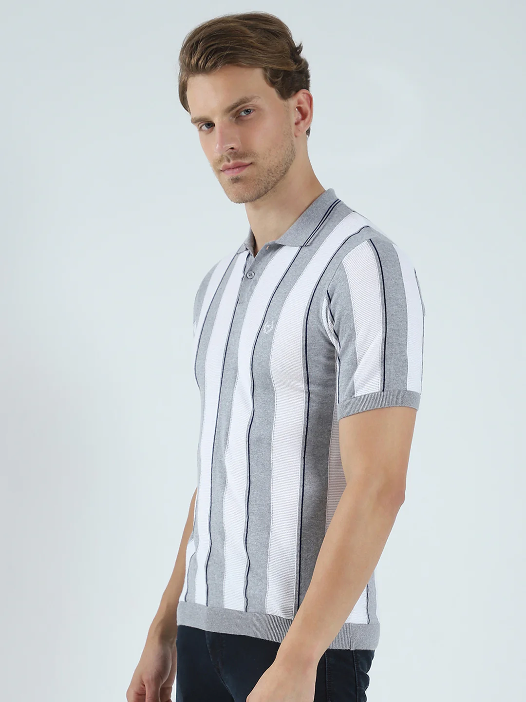 Men Grey Stripe Collar Half Sleeve T-Shirt - Image 3
