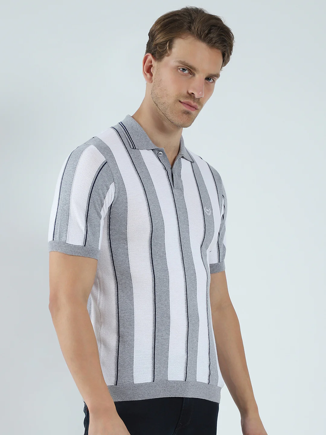 Men Grey Stripe Collar Half Sleeve T-Shirt - Image 4