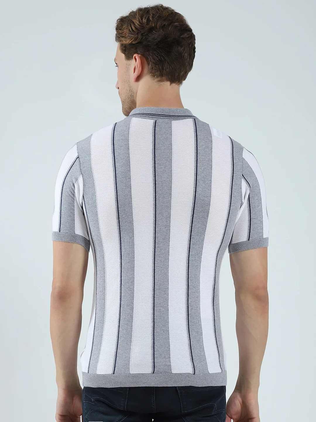 Men Grey Stripe Collar Half Sleeve T-Shirt - Image 5
