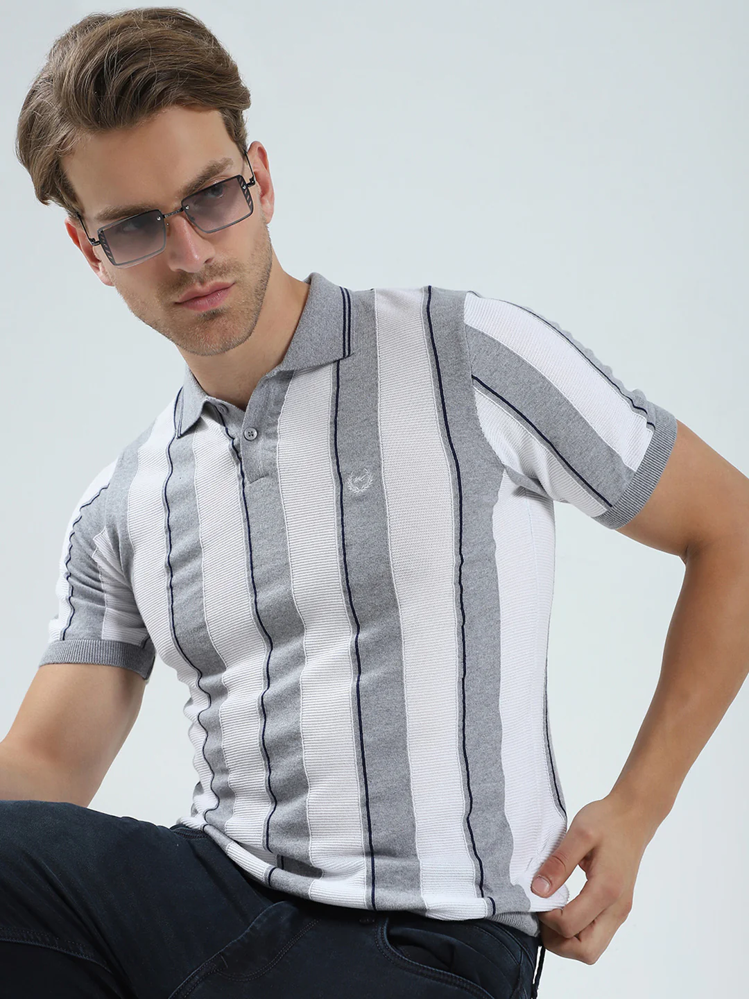 Men Grey Stripe Collar Half Sleeve T-Shirt - Image 6