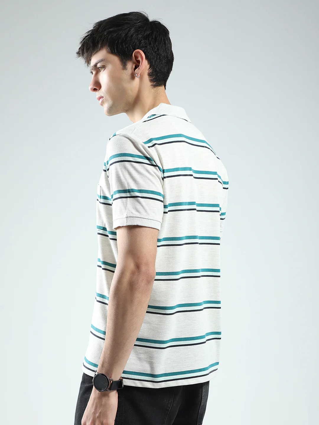 Men Grey Stripe Collar Half Sleeve T-Shirt - Image 5