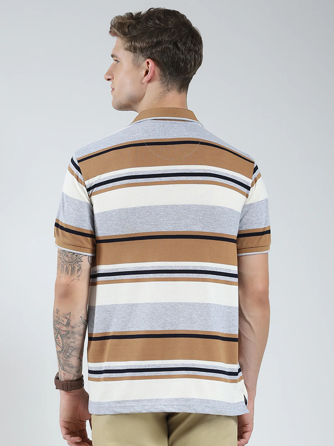 Men Grey Stripe Collar Half Sleeve T-Shirt - Image 5
