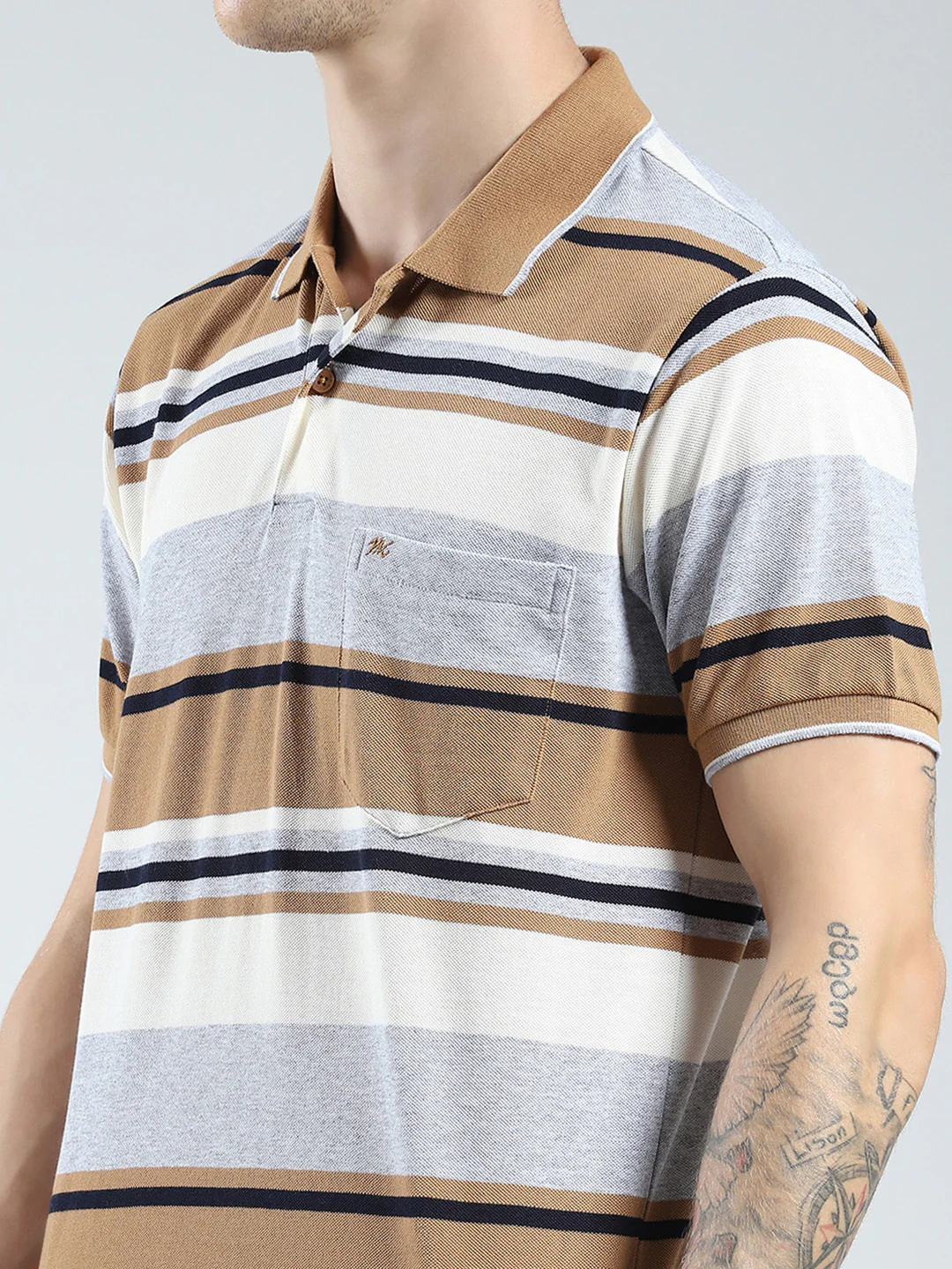 Men Grey Stripe Collar Half Sleeve T-Shirt - Image 6