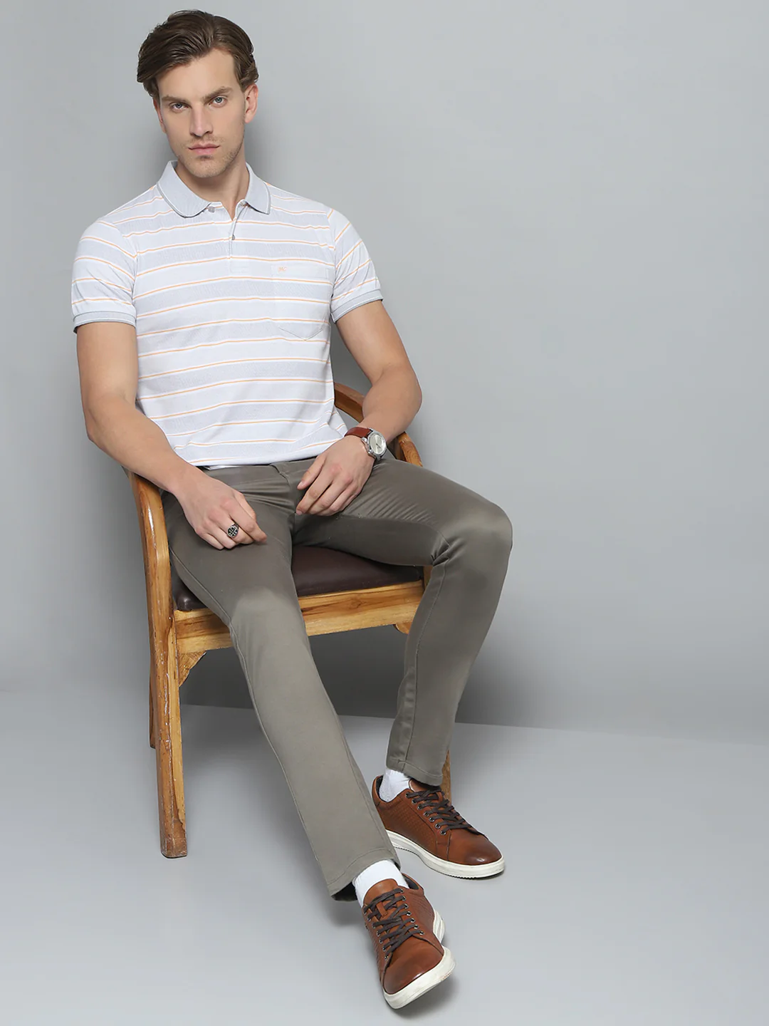 Men Grey Stripe Collar Half Sleeve T-Shirt - Image 2