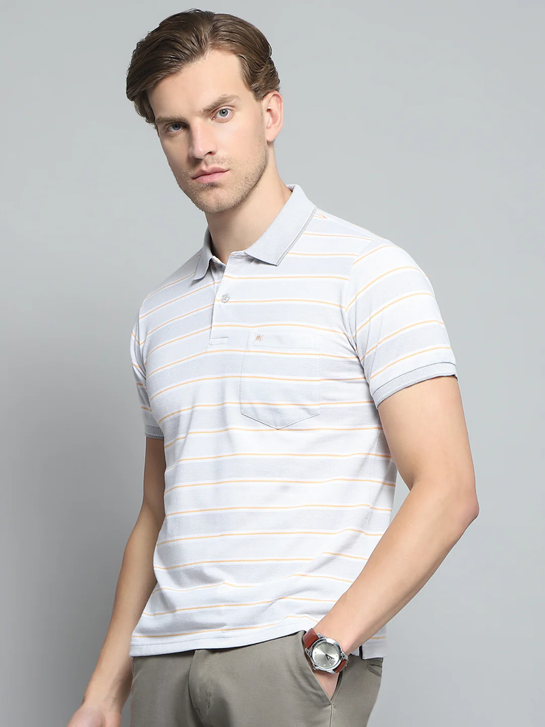 Men Grey Stripe Collar Half Sleeve T-Shirt - Image 3