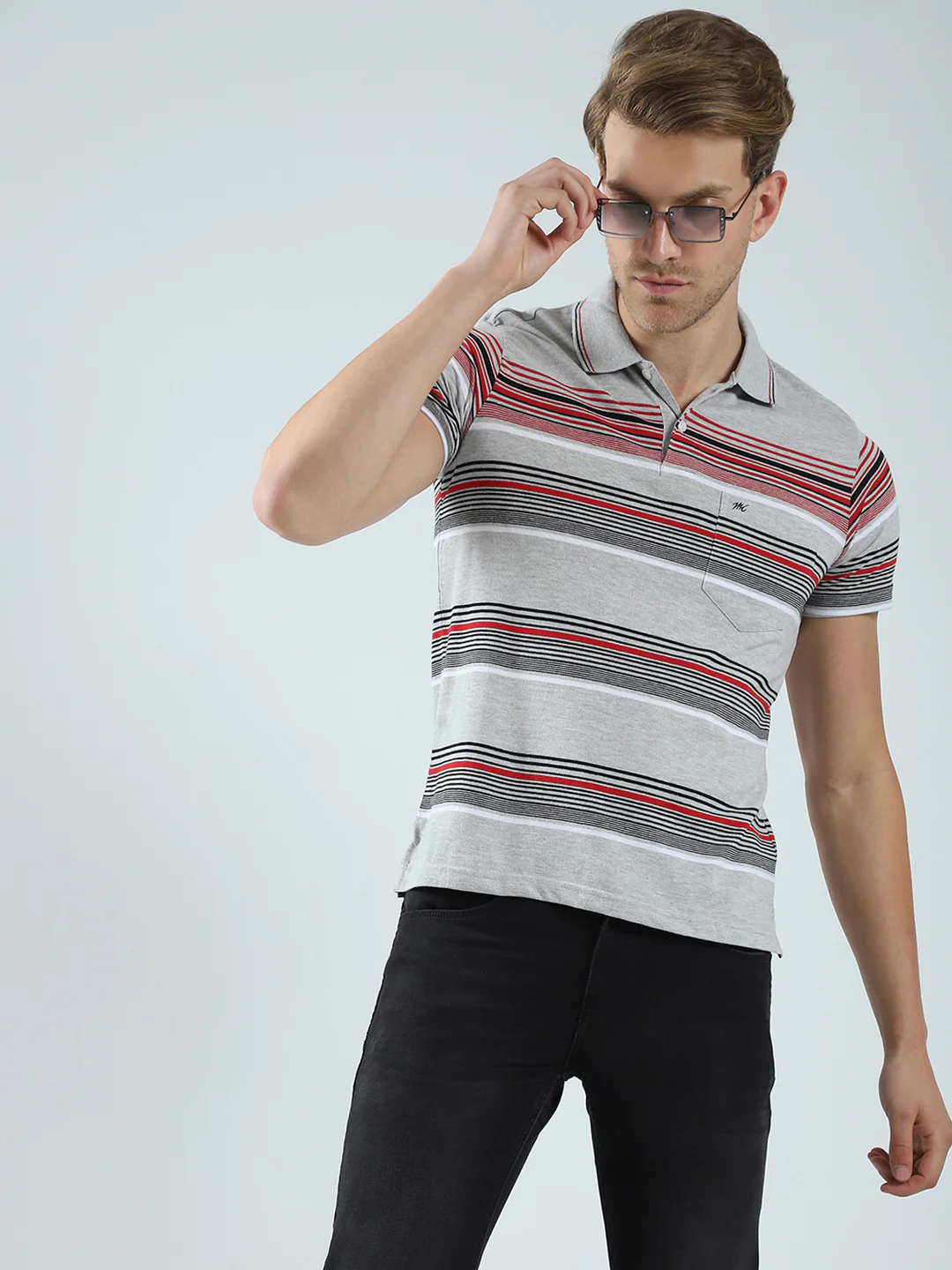 Men Grey Stripe Collar Half Sleeve T-Shirt - Image 6
