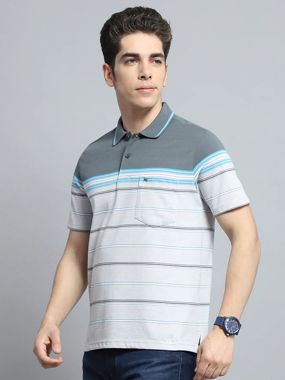 Men Grey Stripe Collar Half Sleeve T-Shirt - Image 3