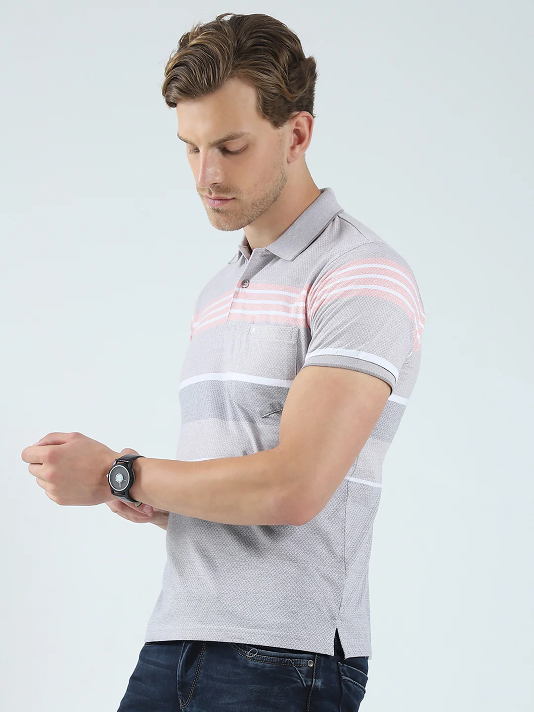 Men Grey Stripe Collar Half Sleeve T-Shirt - Image 3