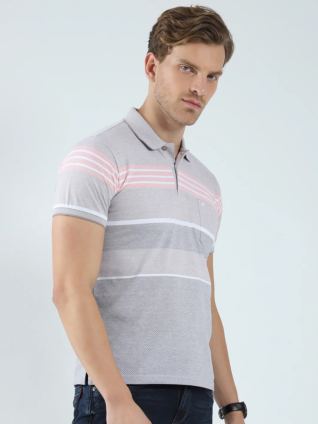 Men Grey Stripe Collar Half Sleeve T-Shirt - Image 4