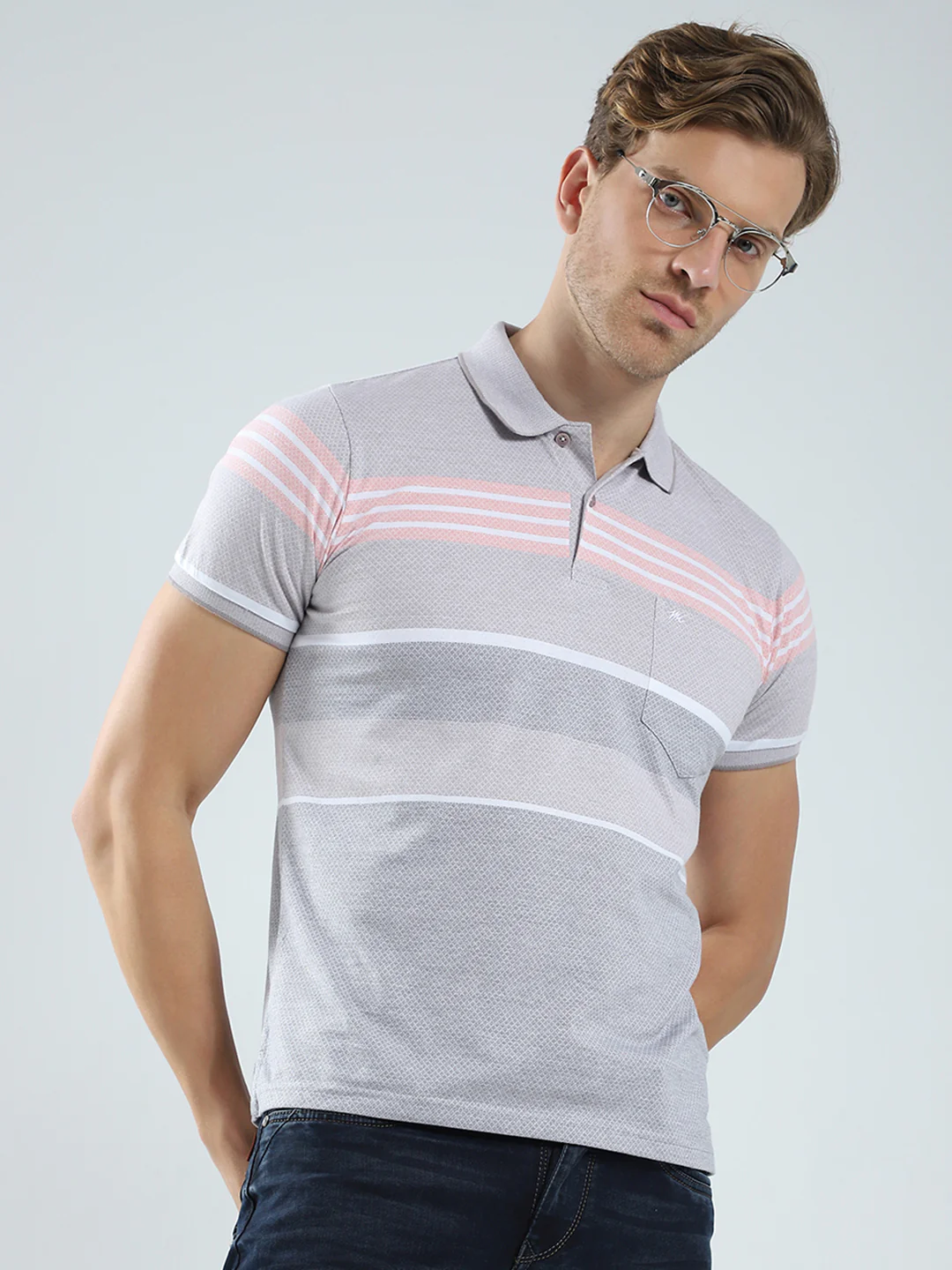 Men Grey Stripe Collar Half Sleeve T-Shirt - Image 6