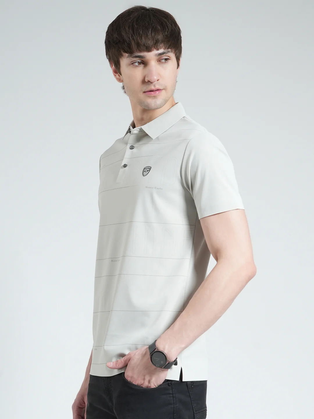 Men Grey Stripe Collar Half Sleeve T-Shirt - Image 3