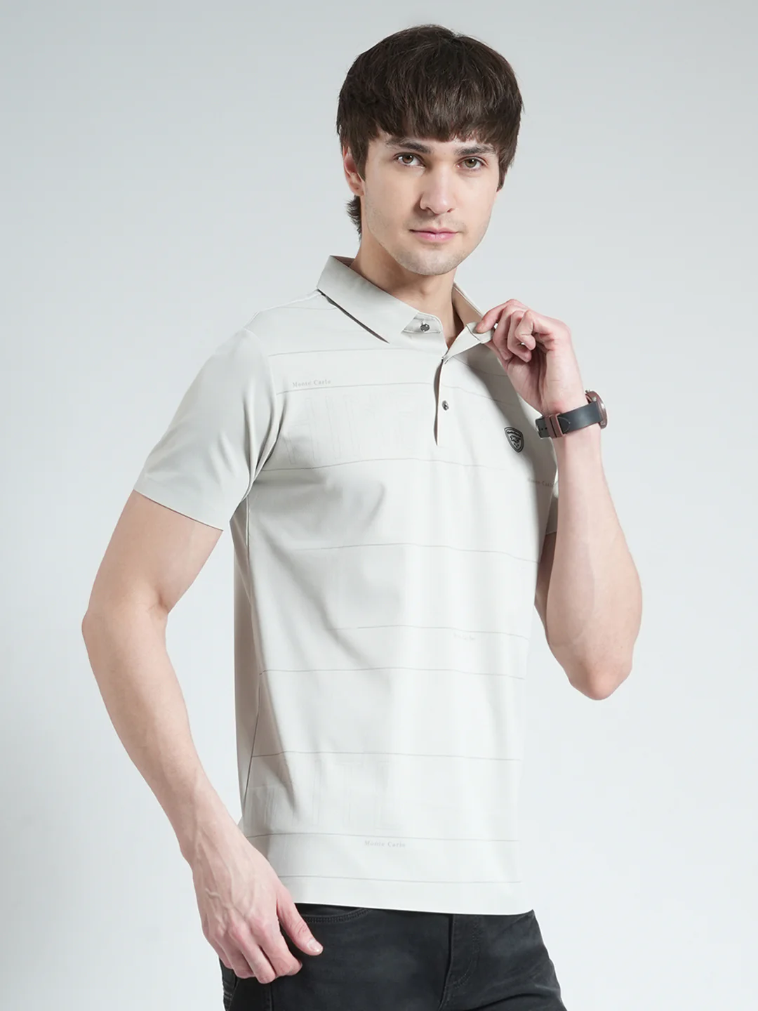 Men Grey Stripe Collar Half Sleeve T-Shirt - Image 4
